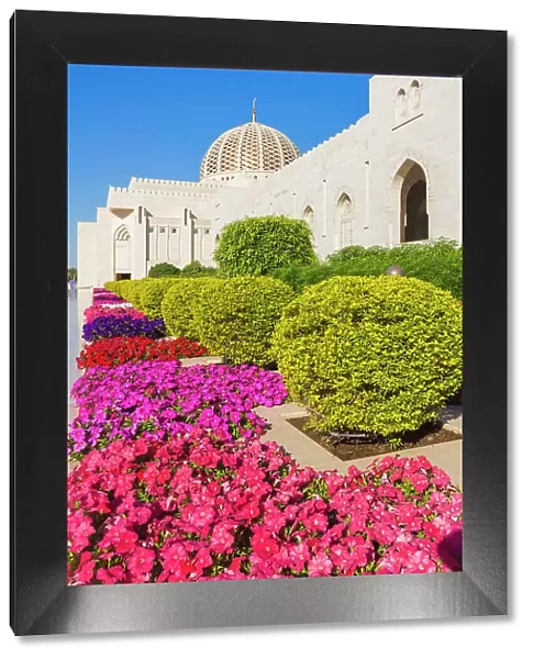 Flowers and dome of Sultan Gaboos Grand Mosque, Muscat, Oman, Middle East