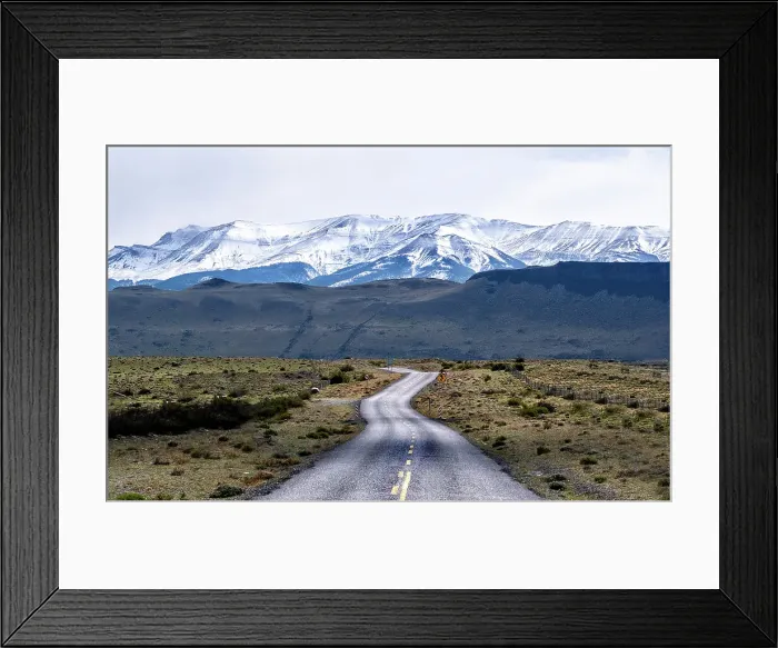 Framed Print : Highway leading to snow covered mountains, Torres del Paine National Park, Chile, South America Framed Print : Highway leading to snow covered mountains, Torres del Paine National Park, Chile, South America