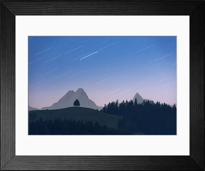 Framed Print : Star trail in the night sky over a lone tree on hill and Schreckhorn peak, Sumiswald, Emmental, Bern canton, Switzerland, Europe Framed Print : Star trail in the night sky over a lone tree on hill and Schreckhorn peak, Sumiswald, Emmental, Bern canton, Switzerland, Europe