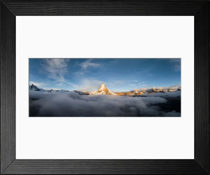 Framed Print : Aerial panoramic view of Matterhorn in autumn fog at dawn, Zermatt, Valais canton, Switzerland, Europe Framed Print : Aerial panoramic view of Matterhorn in autumn fog at dawn, Zermatt, Valais canton, Switzerland, Europe