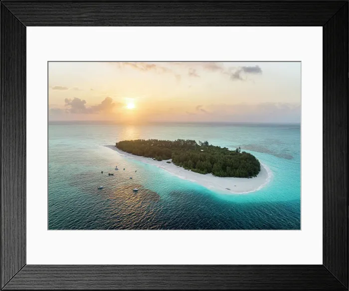 Framed Print : Tropical island washed by the crystal water of the exotic lagoon at sunrise, Mnemba Island, Zanzibar, Tanzania, East Africa, Africa