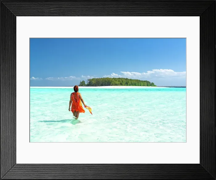 Framed Print : Woman admiring an exotic island standing in the crystal blue sea, Zanzibar, Tanzania, East Africa, Africa Framed Print : Woman admiring an exotic island standing in the crystal blue sea, Zanzibar, Tanzania, East Africa, Africa
