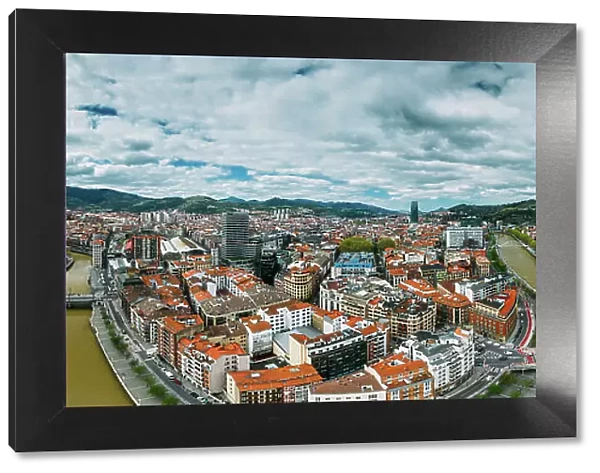 Aerial drone panoramic view of Bilbao, population 345000, Basque Country, northern Spain, Europe