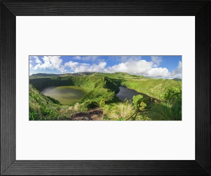 Framed Print : Panorama from Miradouro over Caldeira Negra e Lagoa Comprida, two lakes of volcanic origin on Flores island, Azores islands, Portugal, Atlantic Ocean, Europe Framed Print : Panorama from Miradouro over Caldeira Negra e Lagoa Comprida, two lakes of volcanic origin on Flores island, Azores islands, Portugal, Atlantic Ocean, Europe