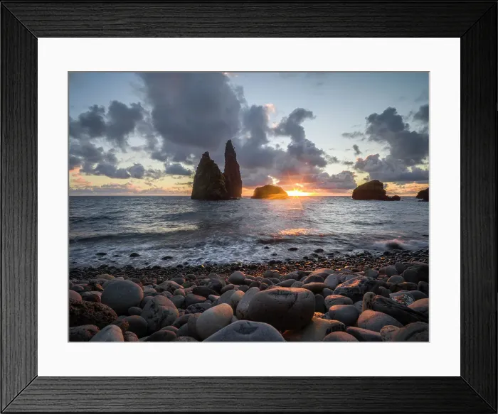 Framed Print : Sunrise below sea stacks from the pebble beach of Bahia da Alagoa, Flores island, Azores islands, Portugal, Atlantic Ocean, Europe