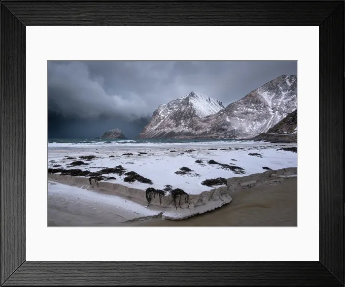 Framed Print : Hauklandstranda Beach and the headland island of Taa in winter, Vestvagoya Island, Lofoten Islands, Norway, Scandinavia, Europe Framed Print : Hauklandstranda Beach and the headland island of Taa in winter, Vestvagoya Island, Lofoten Islands, Norway, Scandinavia, Europe