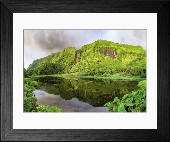 Framed Print : Panorama shot of Poco da Ribeira do Ferreiro lake and waterfall with a side of the mountains covered by flowers and vegetation, Flores island, Azores Islands, Portugal, Atlantic Ocean, Europe Framed Print : Panorama shot of Poco da Ribeira do Ferreiro lake and waterfall with a side of the mountains covered by flowers and vegetation, Flores island, Azores Islands, Portugal, Atlantic Ocean, Europe