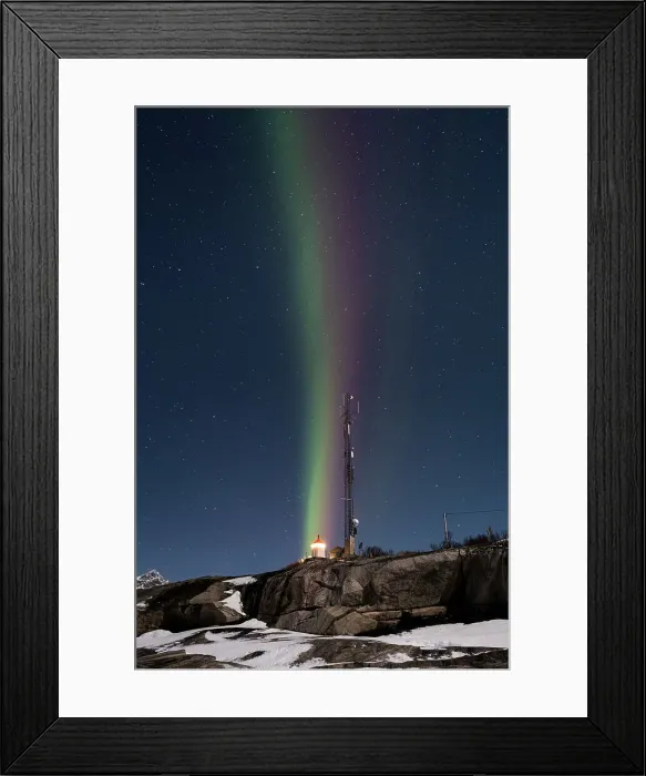 Framed Print : Vertical multi coloured stripes of the Aurora Borealis (Northern Lights) over Tungeneset Lighthouse, Tungeneset, Senja, Troms og Finnmark county, Norway, Scandinavia, Europe