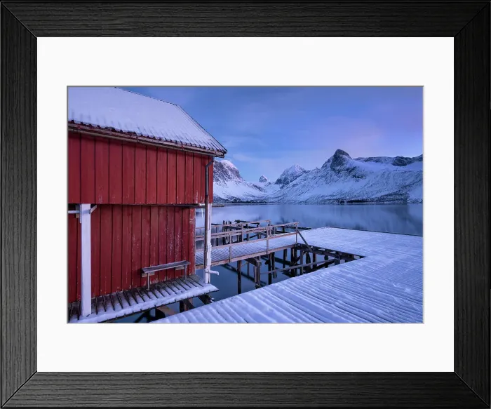 Framed Print : Rorbuer Fishing Hut and wooden jetty overlooking Bergsfjord and the Bergsbotn mountain range, Bergsbotn, Senja, Troms og Finnmark county, Norway, Scandinavia, Europe Framed Print : Rorbuer Fishing Hut and wooden jetty overlooking Bergsfjord and the Bergsbotn mountain range, Bergsbotn, Senja, Troms og Finnmark county, Norway, Scandinavia, Europe