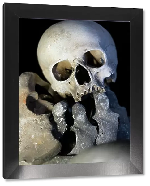 Human skull on display, interior of Sedlec Ossuary, UNESCO World Heritage Site, Kutna Hora, Czech Republic (Czechia), Europe