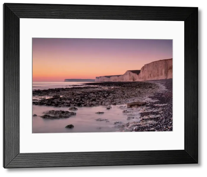 Framed Print : The Seven Sisters white chalk cliffs at sunset, Birling Gap, South Downs National Park, East Sussex, England, United Kingdom, Europe Framed Print : The Seven Sisters white chalk cliffs at sunset, Birling Gap, South Downs National Park, East Sussex, England, United Kingdom, Europe