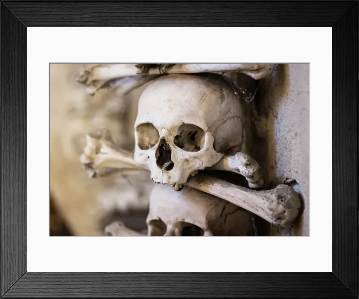Framed Print : Decoration made of human skulls and bones, interior of Sedlec Ossuary, UNESCO World Heritage Site, Kutna Hora, Czech Republic (Czechia), Europe Framed Print : Decoration made of human skulls and bones, interior of Sedlec Ossuary, UNESCO World Heritage Site, Kutna Hora, Czech Republic (Czechia), Europe