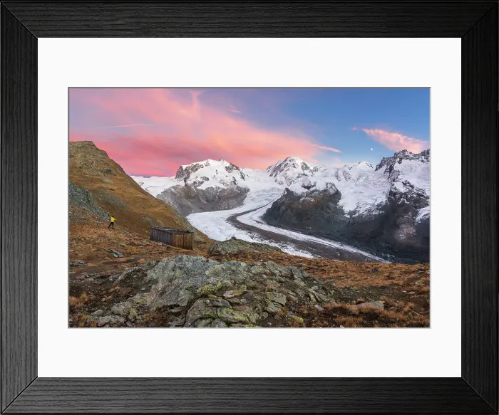 Framed Print : Hiker admiring snow covered peaks of Monte Rosa massif and the Gorner Glacier (Gornergletscher), Gornergrat, Zermatt, Valais Canton, Swiss Alps, Switzerland, Europe Framed Print : Hiker admiring snow covered peaks of Monte Rosa massif and the Gorner Glacier (Gornergletscher), Gornergrat, Zermatt, Valais Canton, Swiss Alps, Switzerland, Europe