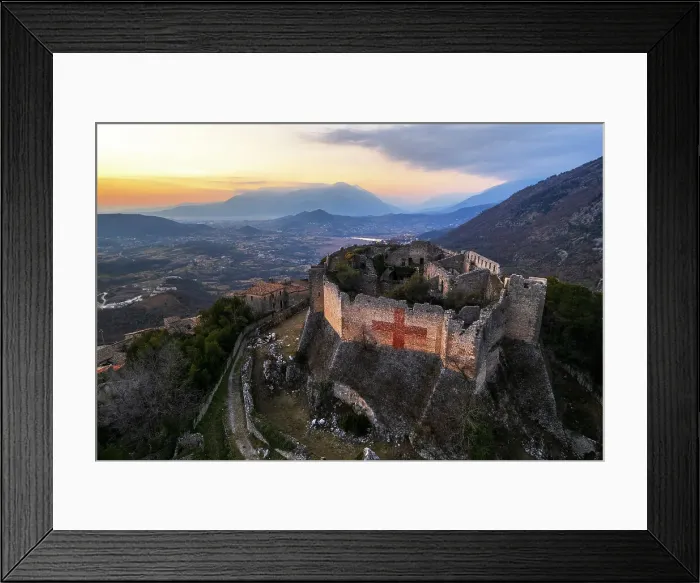 Framed Print : Aerial view of the medieval castle of Vicalvi overlooking the valley with red cross painted on the perimetral wall, at sunset, Vicalvi, Frosinone province, Ciociaria, Latium region, Lazio, Italy, Europe Framed Print : Aerial view of the medieval castle of Vicalvi overlooking the valley with red cross painted on the perimetral wall, at sunset, Vicalvi, Frosinone province, Ciociaria, Latium region, Lazio, Italy, Europe