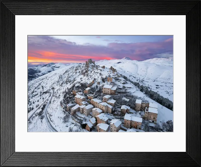 Framed Print : Winter view of the snowy medieval village of Rocca Calascio with the castle on top of the hill at dusk, Rocca Calascio, Gran Sasso e Monti della Laga National Park, Campo Imperatore, L'Aquila province, Abruzzo region, Italy, Europe Framed Print : Winter view of the snowy medieval village of Rocca Calascio with the castle on top of the hill at dusk, Rocca Calascio, Gran Sasso e Monti della Laga National Park, Campo Imperatore, L'Aquila province, Abruzzo region, Italy, Europe