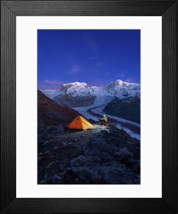 Framed Print : Hiker with head lamp sitting beside the tent in front of Monte Rosa massif, Gorner glacier (Gornergletscher) and Lyskamm peaks at dusk, Riffelsee, Zermatt, canton of Valais, Swiss Alps, Switzerland, Europe Framed Print : Hiker with head lamp sitting beside the tent in front of Monte Rosa massif, Gorner glacier (Gornergletscher) and Lyskamm peaks at dusk, Riffelsee, Zermatt, canton of Valais, Swiss Alps, Switzerland, Europe