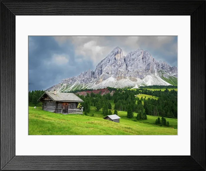 Framed Print : Side view of a hiker on chalet in green meadows admiring the rocky massif of Sass de Putia, Passo delle Erbe, Dolomites, Puez Odle, Bolzano district, South Tyrol, Italy, Europe Framed Print : Side view of a hiker on chalet in green meadows admiring the rocky massif of Sass de Putia, Passo delle Erbe, Dolomites, Puez Odle, Bolzano district, South Tyrol, Italy, Europe
