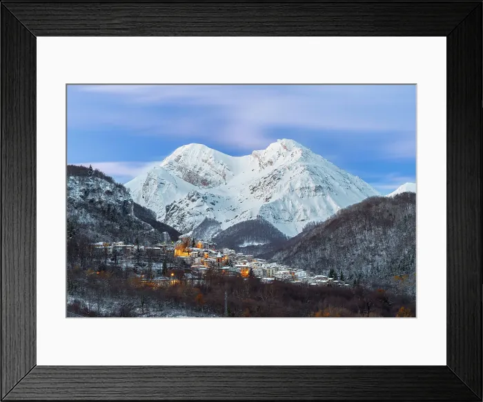 Framed Print : The small illuminated village of Pietracamela covered with snow and surrounded by Intermesoli snowy peak at dusk, Gran Sasso and Monti della Laga National Park, Apennines, Teramo district, Abruzzo region, Italy, Europe Framed Print : The small illuminated village of Pietracamela covered with snow and surrounded by Intermesoli snowy peak at dusk, Gran Sasso and Monti della Laga National Park, Apennines, Teramo district, Abruzzo region, Italy, Europe