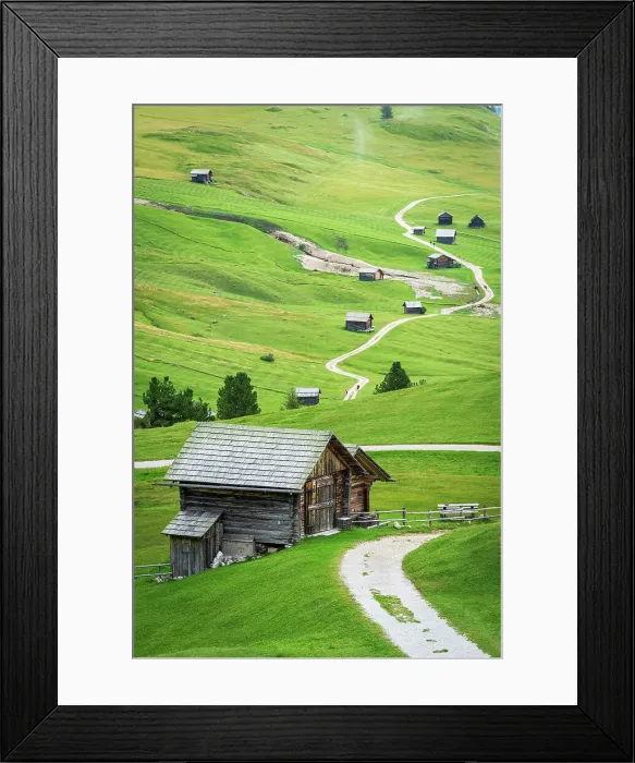 Framed Print : Typical alpine wooden mountain huts on green fields, Dolomites, Puez Odle, Bolzano district, South Tyrol, Italy, Europe Framed Print : Typical alpine wooden mountain huts on green fields, Dolomites, Puez Odle, Bolzano district, South Tyrol, Italy, Europe