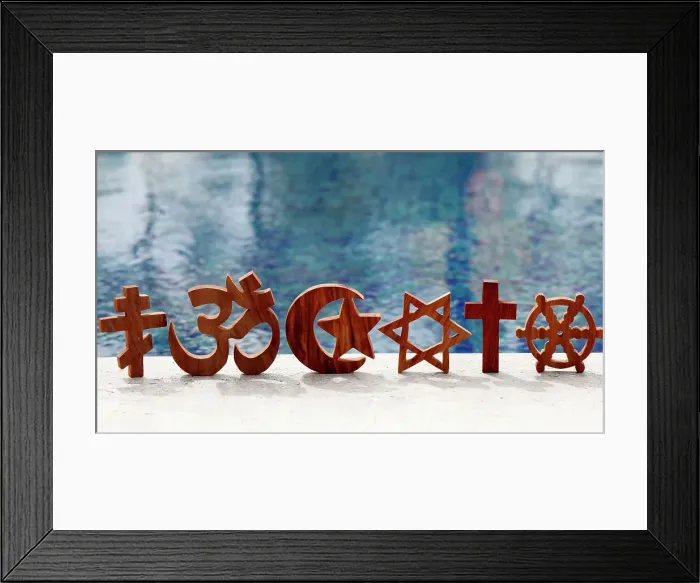 Framed Print : Religious symbols of Catholicism, Islam, Judaism, Orthodoxy, Protestant, Buddhism and Hinduism, interreligious, interfaith dialogue and spirituality concept, Vietnam, Indochina, Southeast Asia, Asia Framed Print : Religious symbols of Catholicism, Islam, Judaism, Orthodoxy, Protestant, Buddhism and Hinduism, interreligious, interfaith dialogue and spirituality concept, Vietnam, Indochina, Southeast Asia, Asia