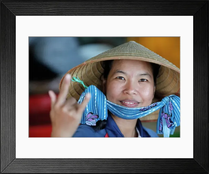 Framed Print : Woman with the traditional Vietnamese conical hat working in a fish factory, Vung Tau, Vietnam, Indochina, Southeast Asia, Asia
