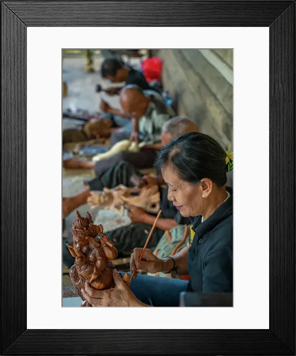 Framed Print : Wood carving skills near Sukawat, Denpasar City, Bali, Indonesia, South East Asia, Asia