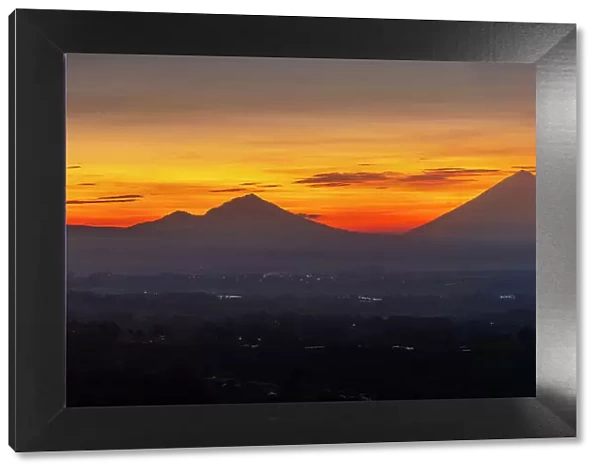 View of Mount Batur and Mount Agung at sunrise, Bali, Indonesia, South East Asia, Asia