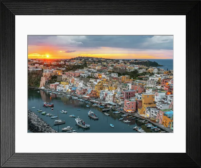 Framed Print : Sunset on Marina Corricella, the famous colourful fishing village on Procida island, Tyrrhenian Sea, Naples district, Naples Bay, Campania region, Italy, Europe Framed Print : Sunset on Marina Corricella, the famous colourful fishing village on Procida island, Tyrrhenian Sea, Naples district, Naples Bay, Campania region, Italy, Europe