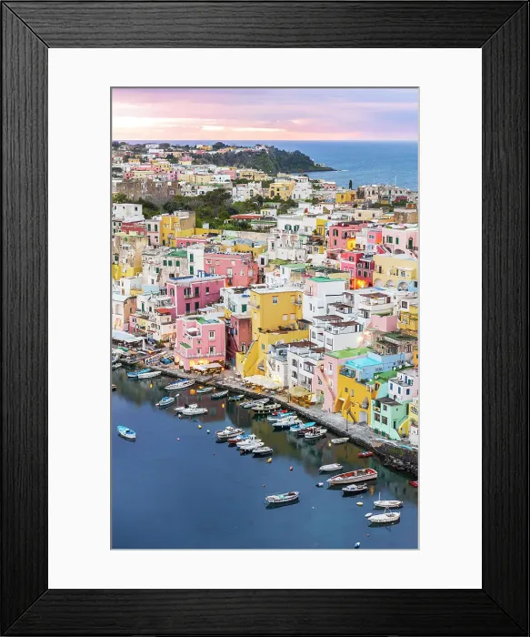 Framed Print : Elevated view of the fishing village of Marina Corricella with colorful houses, Procida island, Tyrrhenian Sea, Naples district, Naples Bay, Campania region, Italy, Europe Framed Print : Elevated view of the fishing village of Marina Corricella with colorful houses, Procida island, Tyrrhenian Sea, Naples district, Naples Bay, Campania region, Italy, Europe