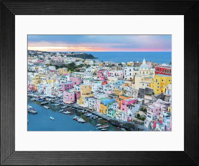 Framed Print : Elevated view of the colourful Italian fishing village of Marina Corricella at dusk, Procida island, Tyrrhenian Sea, Naples district, Naples Bay, Campania region, Italy, Europe Framed Print : Elevated view of the colourful Italian fishing village of Marina Corricella at dusk, Procida island, Tyrrhenian Sea, Naples district, Naples Bay, Campania region, Italy, Europe
