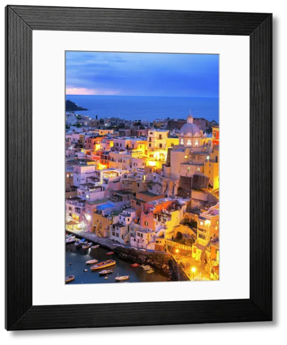 Framed Print : Illuminated fishing village of Marina Corricella at dusk, Procida island, Tyrrhenian Sea, Naples district, Naples Bay, Campania region, Italy, Europe Framed Print : Illuminated fishing village of Marina Corricella at dusk, Procida island, Tyrrhenian Sea, Naples district, Naples Bay, Campania region, Italy, Europe