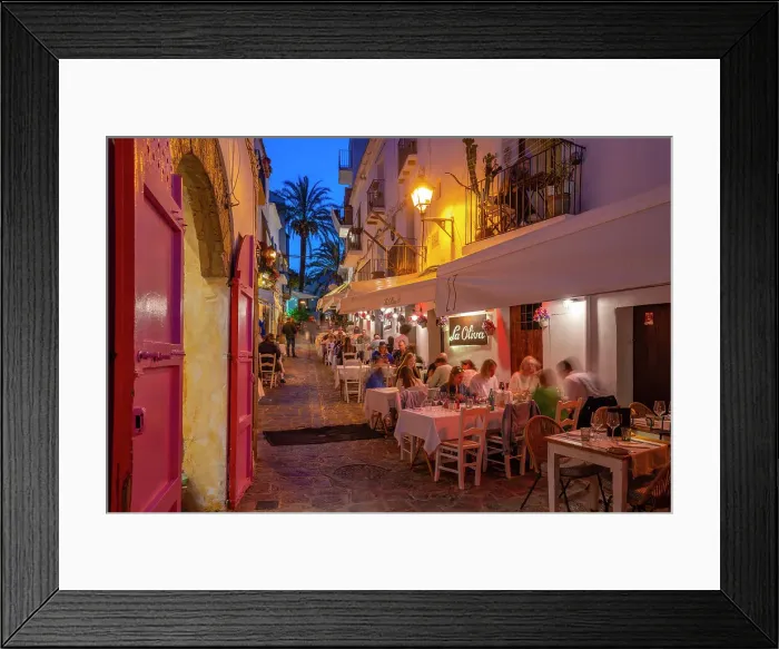 Framed Print : View of restaurants and bars in Dalt Vila at dusk, UNESCO World Heritage Site, Ibiza Town, Eivissa, Balearic Islands, Spain, Mediterranean, Europe Framed Print : View of restaurants and bars in Dalt Vila at dusk, UNESCO World Heritage Site, Ibiza Town, Eivissa, Balearic Islands, Spain, Mediterranean, Europe