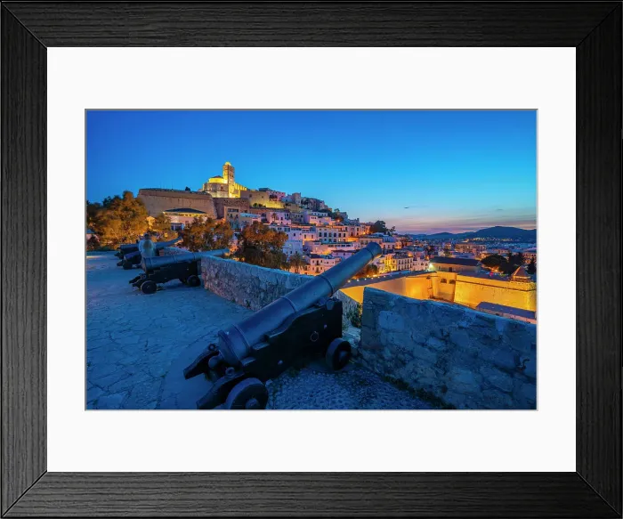 Framed Print : View of Bastion, cannons, ramparts, Cathedral and Dalt Vila old town at dusk, UNESCO World Heritage Site, Ibiza Town, Balearic Islands, Spain, Mediterranean, Europe Framed Print : View of Bastion, cannons, ramparts, Cathedral and Dalt Vila old town at dusk, UNESCO World Heritage Site, Ibiza Town, Balearic Islands, Spain, Mediterranean, Europe