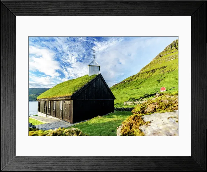 Framed Print : Traditional church with grass roof overlooking the fjord, Funningur, Eysturoy Island, Faroe Islands, Denmark, Europe