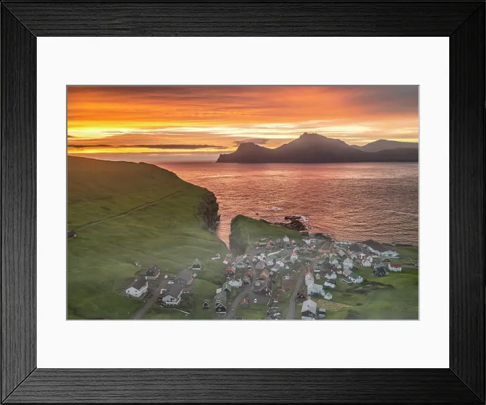 Framed Print : Fiery sky at dawn over Kalsoy island and the village of Gjogv, overhead view, Eysturoy Island, Faroe Islands, Denmark, Europe Framed Print : Fiery sky at dawn over Kalsoy island and the village of Gjogv, overhead view, Eysturoy Island, Faroe Islands, Denmark, Europe