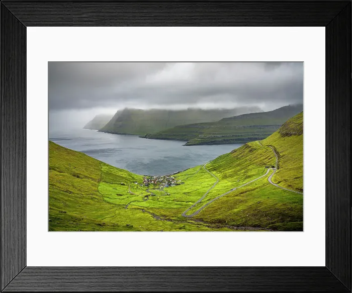 Framed Print : Storm clouds over the coastal village of Funningur along the fjord, Eysturoy Island, Faroe Islands, Denmark, Europe Framed Print : Storm clouds over the coastal village of Funningur along the fjord, Eysturoy Island, Faroe Islands, Denmark, Europe