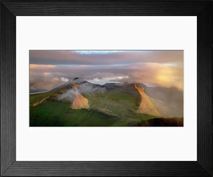 Framed Print : Foggy sunrise over Slaettaratindur peak, highest mountain of Faroe Islands, aerial view, Eysturoy Island, Denmark, Europe Framed Print : Foggy sunrise over Slaettaratindur peak, highest mountain of Faroe Islands, aerial view, Eysturoy Island, Denmark, Europe