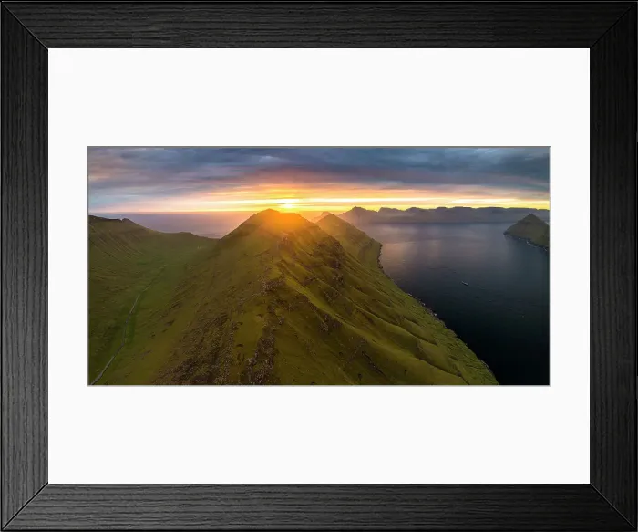 Framed Print : Aerial panoramic view of Funningur fjord at sunrise, Eysturoy Island, Faroe Islands, Denmark, Europe Framed Print : Aerial panoramic view of Funningur fjord at sunrise, Eysturoy Island, Faroe Islands, Denmark, Europe