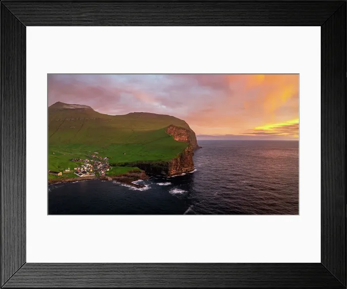 Framed Print : Fiery sky at dawn over the village of Gjogv ovelooking the ocean, aerial view, Eysturoy Island, Faroe Islands, Denmark, Europe Framed Print : Fiery sky at dawn over the village of Gjogv ovelooking the ocean, aerial view, Eysturoy Island, Faroe Islands, Denmark, Europe