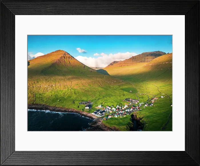 Framed Print : Aerial view of the coastal village of Gjogv and mountains at sunrise, Eysturoy Island, Faroe Islands, Denmark, Europe Framed Print : Aerial view of the coastal village of Gjogv and mountains at sunrise, Eysturoy Island, Faroe Islands, Denmark, Europe