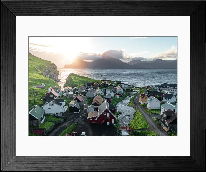 Framed Print : Aerial view of the coastal village of Gjogv and Kalsoy island at dawn, Eysturoy Island, Faroe Islands, Denmark, Europe Framed Print : Aerial view of the coastal village of Gjogv and Kalsoy island at dawn, Eysturoy Island, Faroe Islands, Denmark, Europe