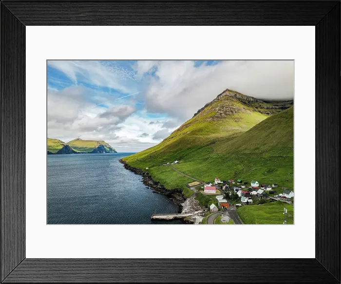 Framed Print : Aerial view of the coastal village of Kunoy and fjord in summer, Kunoy Island, Faroe Islands, Denmark, Europe Framed Print : Aerial view of the coastal village of Kunoy and fjord in summer, Kunoy Island, Faroe Islands, Denmark, Europe