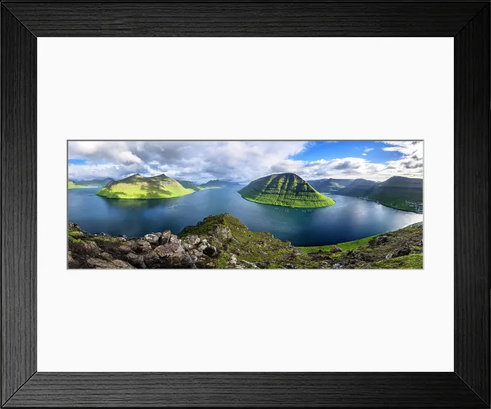 Framed Print : Panoramic view of Kunoy Island ovelooking the ocean from top of Klakkur mountain, Klaksvik, Bordoy Island, Faroe Islands, Denmark, Europe Framed Print : Panoramic view of Kunoy Island ovelooking the ocean from top of Klakkur mountain, Klaksvik, Bordoy Island, Faroe Islands, Denmark, Europe