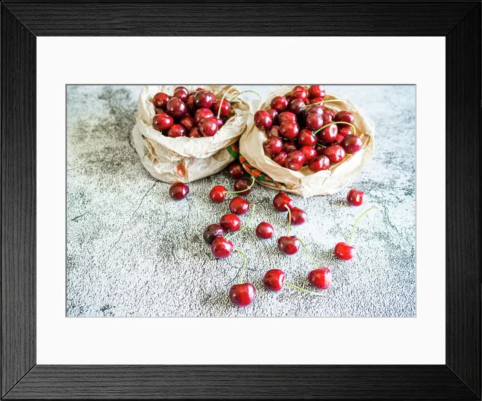 Framed Print : Fresh ripe cherries on a table at springtime, Italy, Europe Framed Print : Fresh ripe cherries on a table at springtime, Italy, Europe