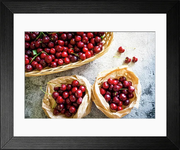 Framed Print : Red organic cherries in baskets ready to eat from above, Italy, Europe Framed Print : Red organic cherries in baskets ready to eat from above, Italy, Europe