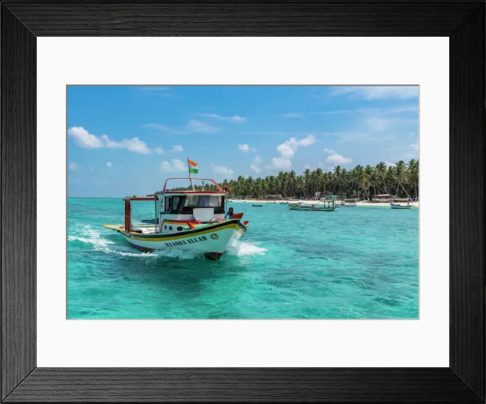 Framed Print : Little boats before a palm fringed white sand beach, Agatti Island, Lakshadweep archipelago, Union territory of India, Indian Ocean, Asia Framed Print : Little boats before a palm fringed white sand beach, Agatti Island, Lakshadweep archipelago, Union territory of India, Indian Ocean, Asia