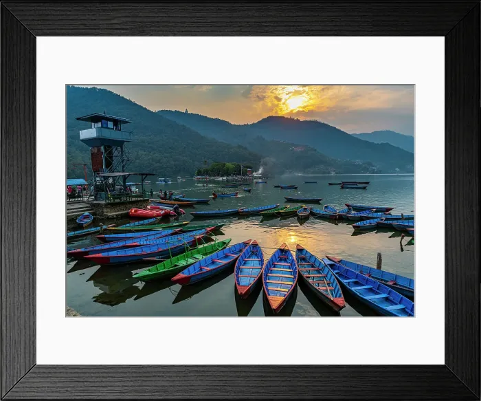 Framed Print : Sunset over Fewa Lake with many rowing boats, Pokhara, Nepal, Asia Framed Print : Sunset over Fewa Lake with many rowing boats, Pokhara, Nepal, Asia