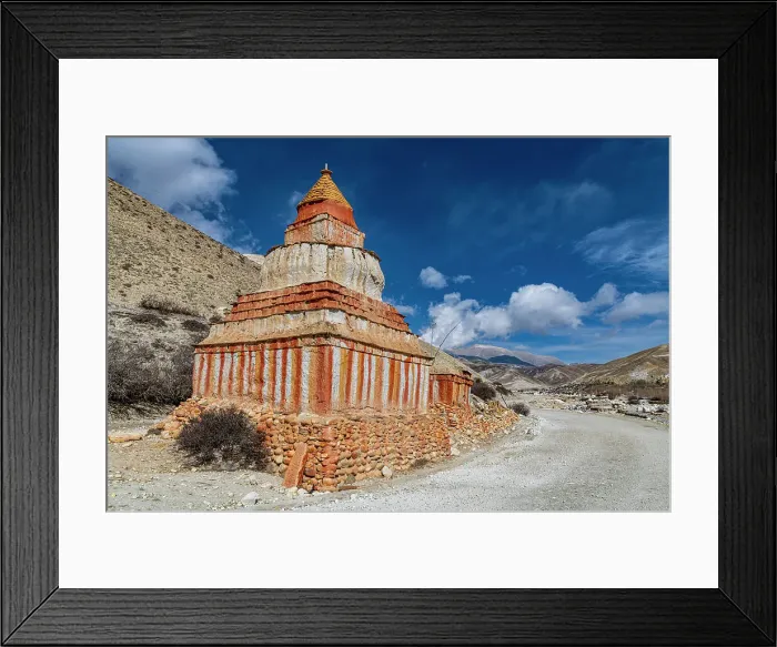 Framed Print : Colourfully painted Buddhist stupa in front of mountain landscape, eroded landscape and houses of Garphu behind, Garphu, Kingdom of Mustang, Himalayas, Nepal, Asia Framed Print : Colourfully painted Buddhist stupa in front of mountain landscape, eroded landscape and houses of Garphu behind, Garphu, Kingdom of Mustang, Himalayas, Nepal, Asia