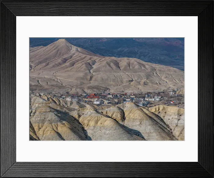 Framed Print : Lo Manthang, capital of Upper Mustang, viewed from a distance amidst a barren desertic landscape, Kingdom of Mustang, Himalayas, Nepal, Asia Framed Print : Lo Manthang, capital of Upper Mustang, viewed from a distance amidst a barren desertic landscape, Kingdom of Mustang, Himalayas, Nepal, Asia