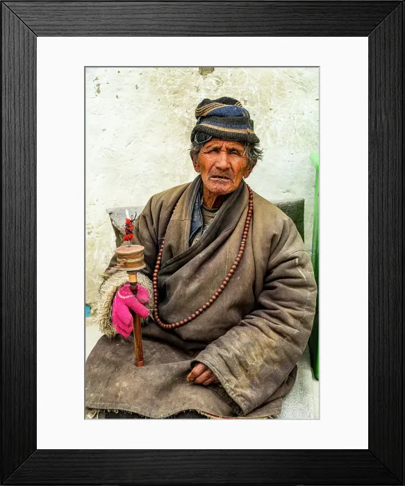 Framed Print : Old man with a prayer wheel in his hand, Kingdom of Mustang, Nepal, Asia Framed Print : Old man with a prayer wheel in his hand, Kingdom of Mustang, Nepal, Asia